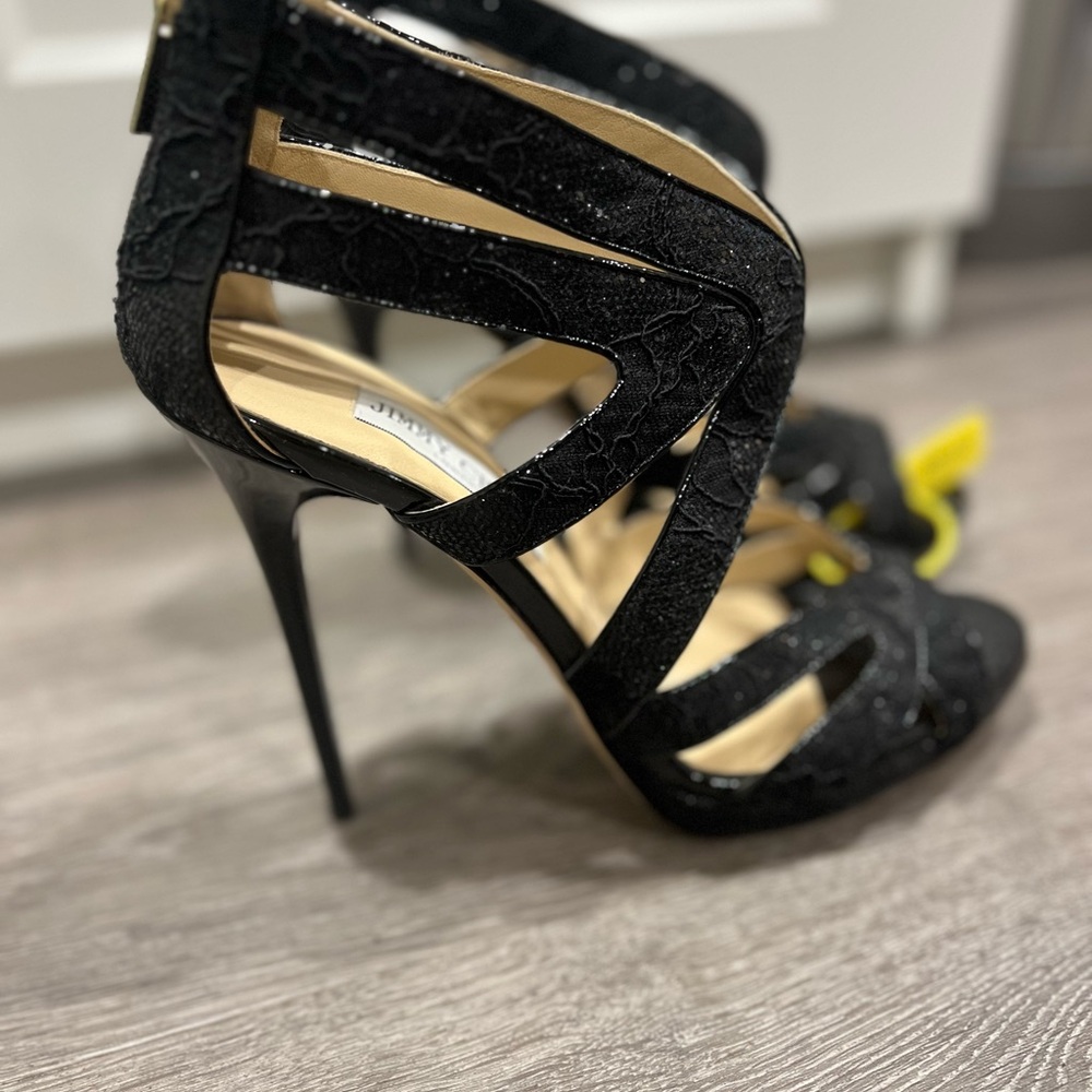 JIMMY CHOO Black Glitter Lace Cage Cut Out Heels Sandals Sz 40.5 - Picture 6 of 8